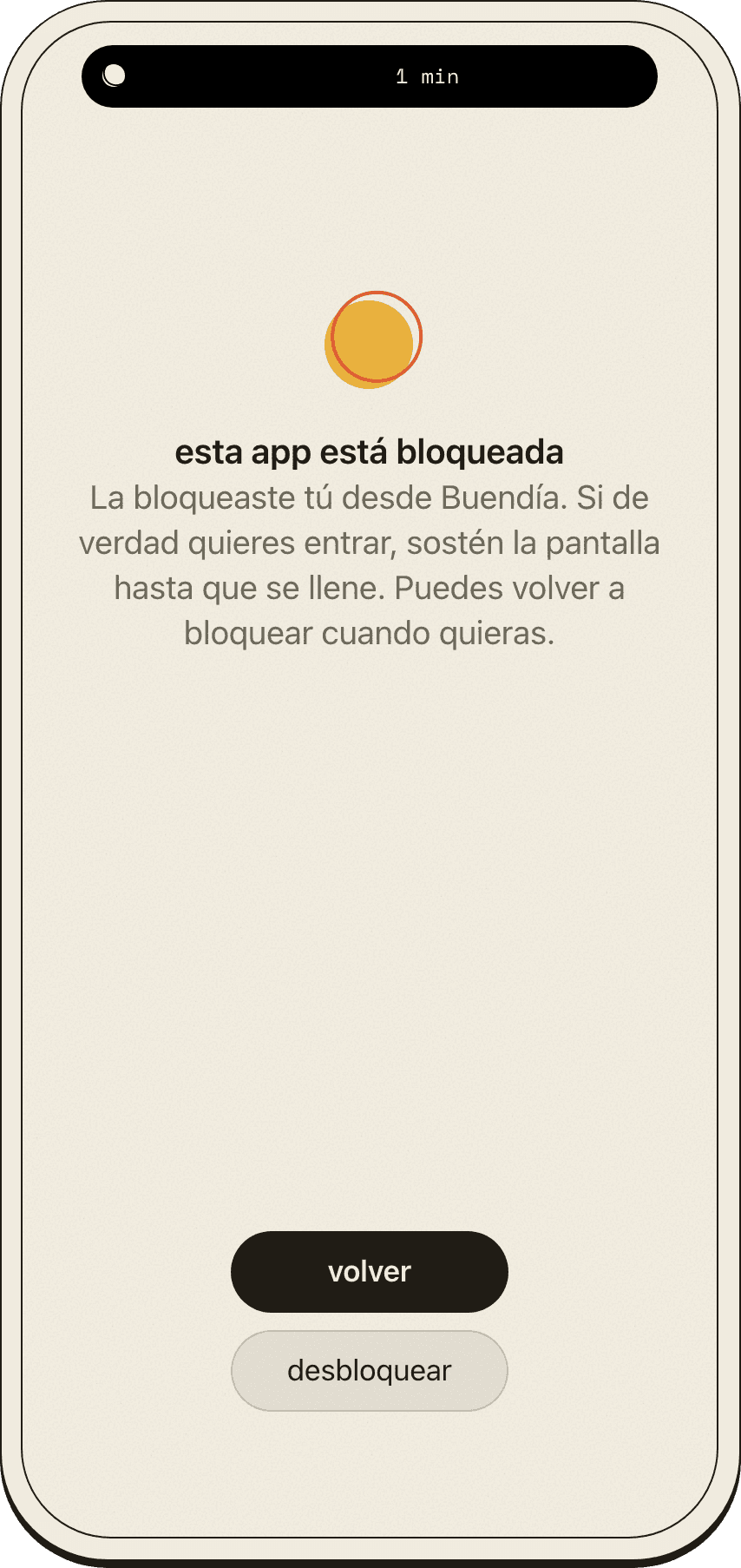 La pantalla de bloqueo de Buendía: «esta app está bloqueada», con los botones volver y desbloquear.