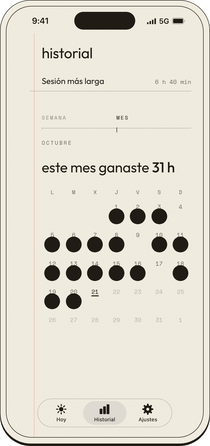 Buendía, Historial del mes: este mes ganaste 31 horas, con el calendario de octubre marcado día a día.