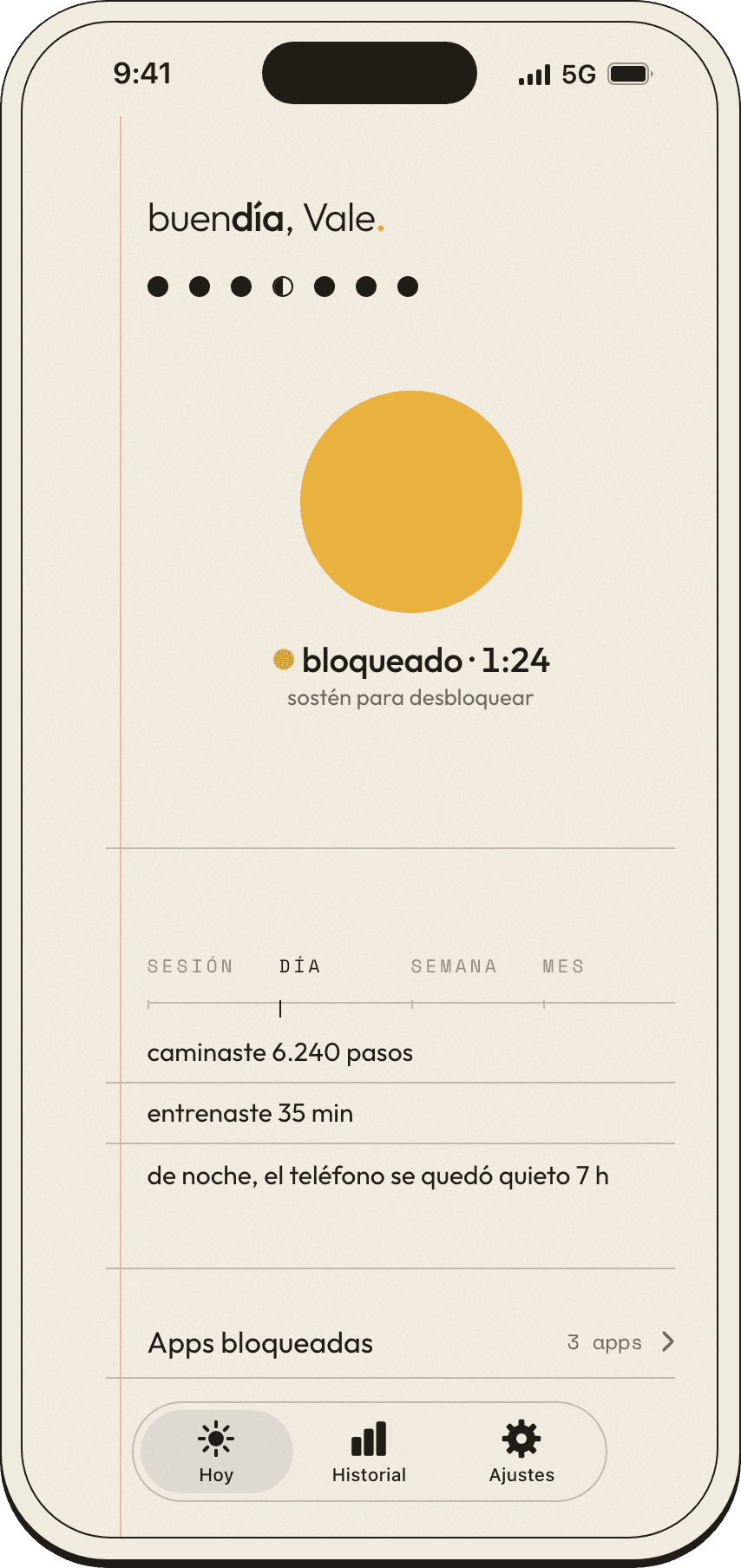 Buendía, pantalla Hoy: bloqueado hace 1 minuto y 24 segundos, con el desglose del día debajo.